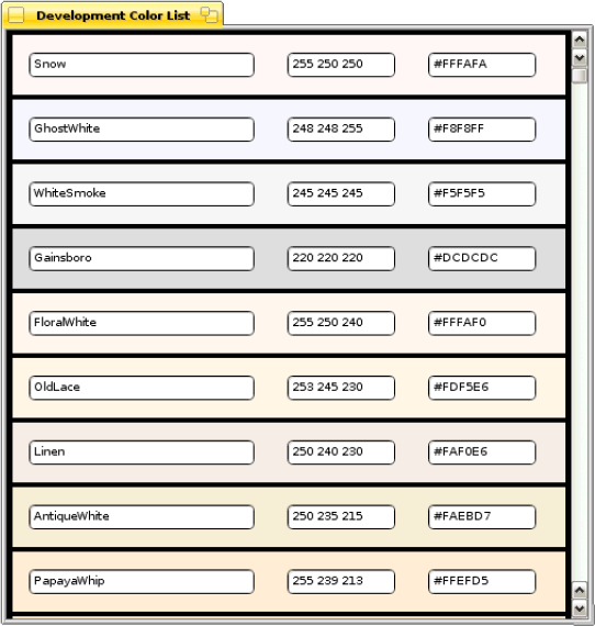 A list of RGB colors for developers