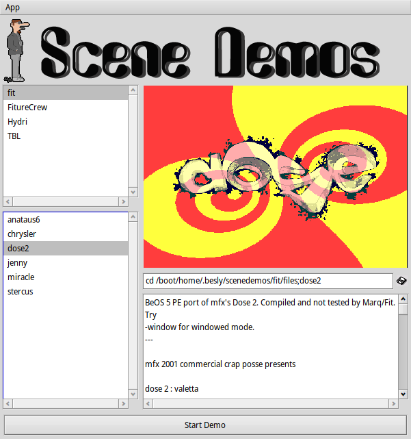 A collection of old BeOS scene demos. A GUI to start and manage old BeOS scene demos. Tested and configurate for Haiku.